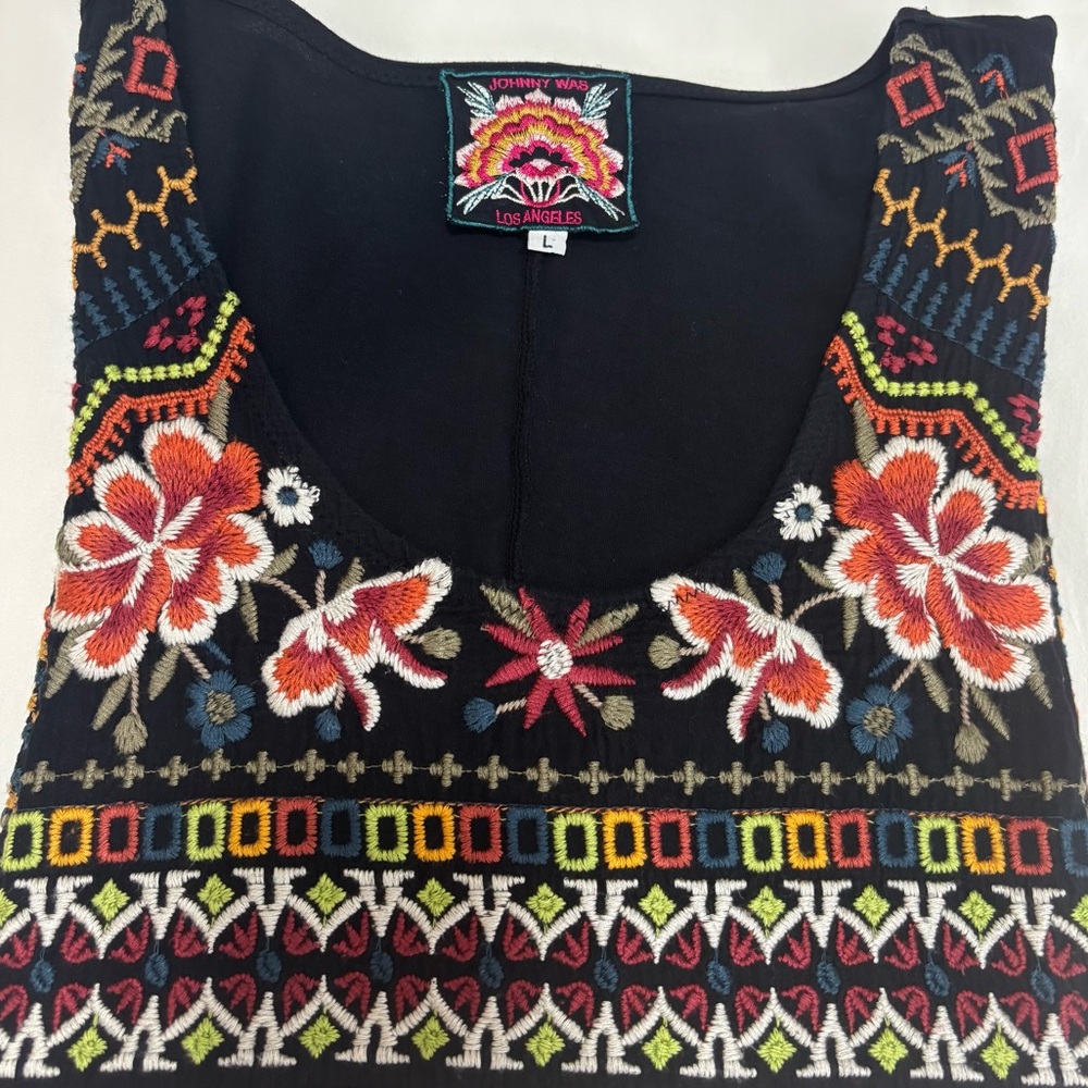 Johnny Was Los Angeles Women's Black Floral Embroidered Tunic Bohemian Dress, L - Picture 14 of 16